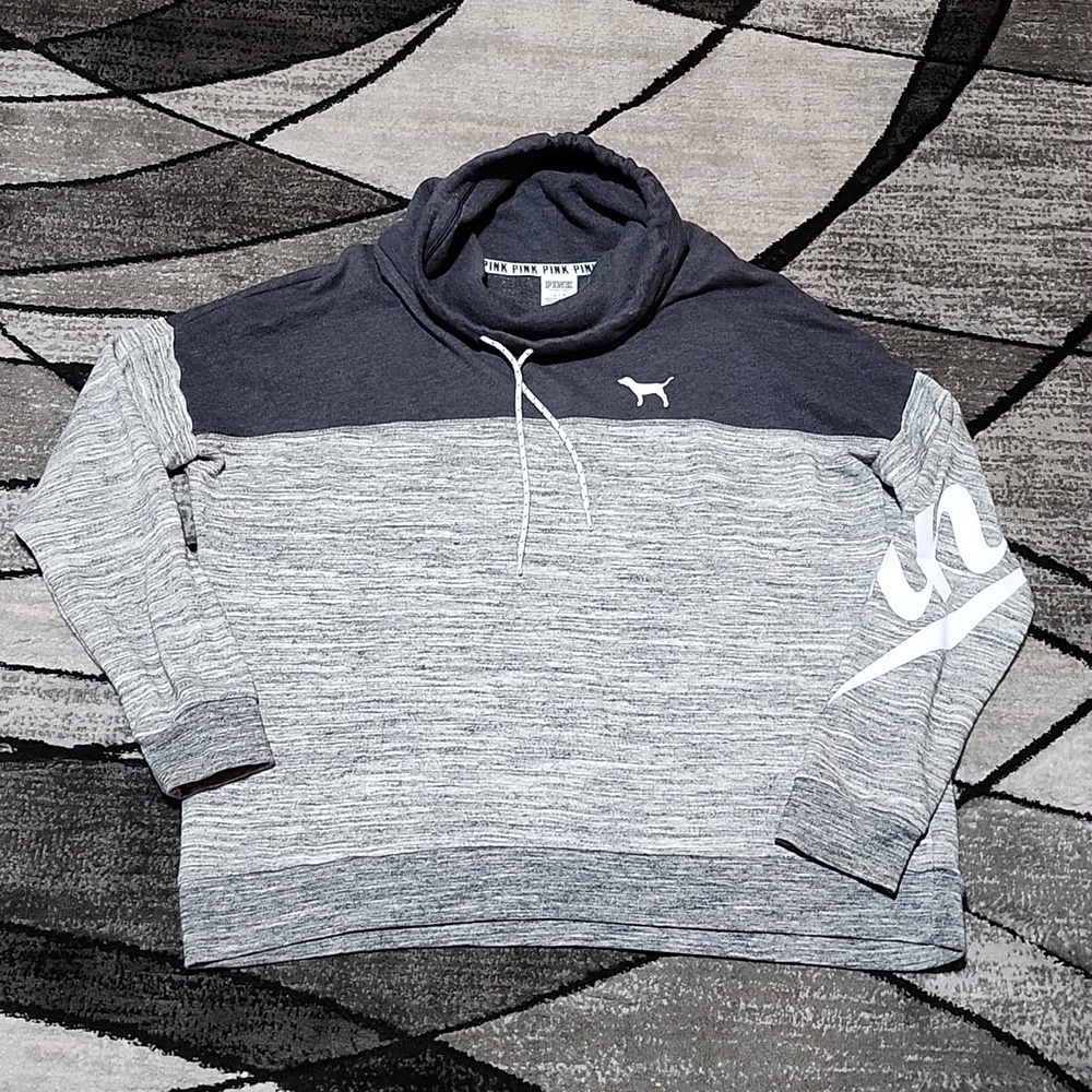 VS PINK 2016 CAMPUS FIT COWL-NECK DOG LOGO COLOR-BLOCK FLEECE GRAY SWEAT…